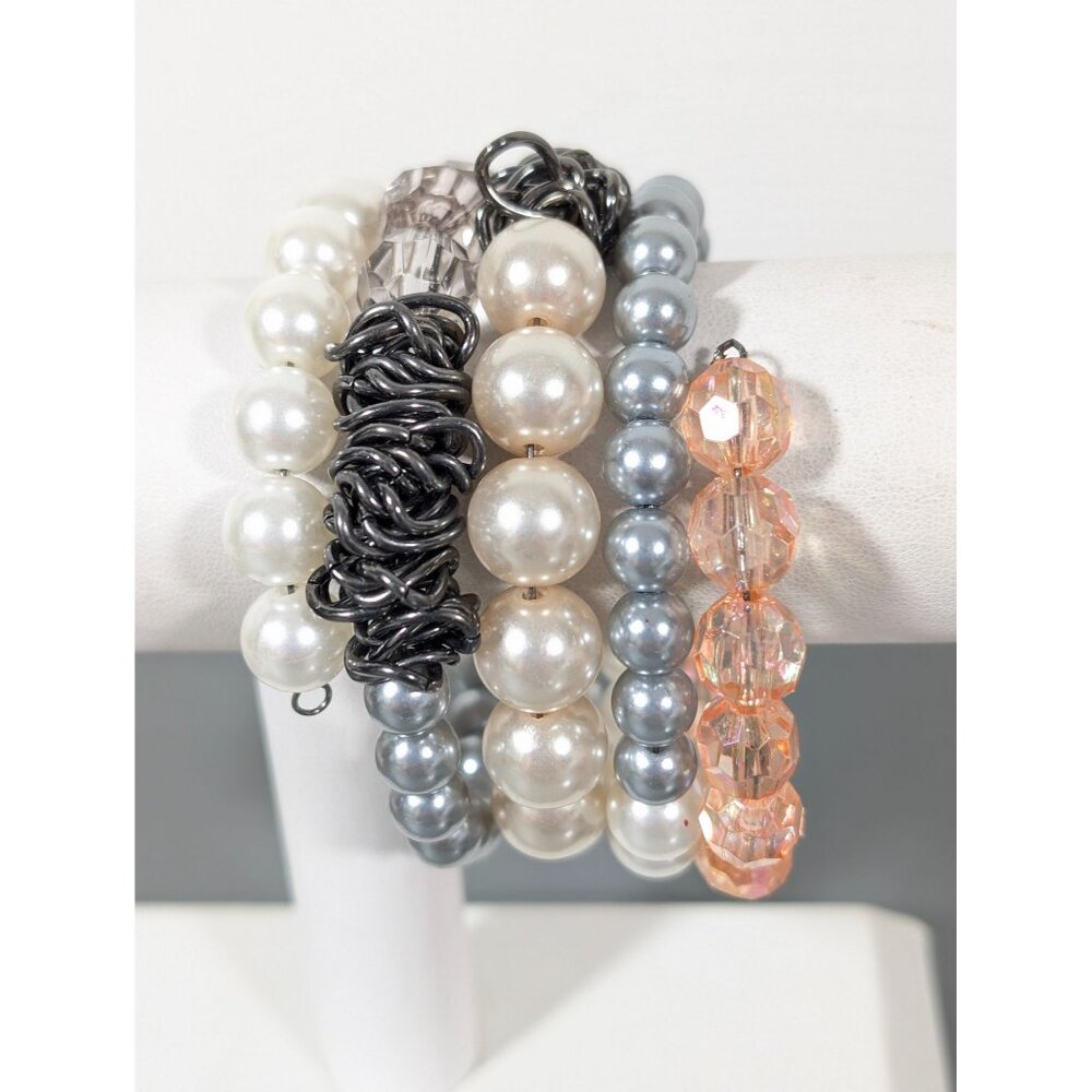 Pink‎ Gray Faux Pearl Beaded Coil Bracelet Gray Metal Chain Wide 7.5"